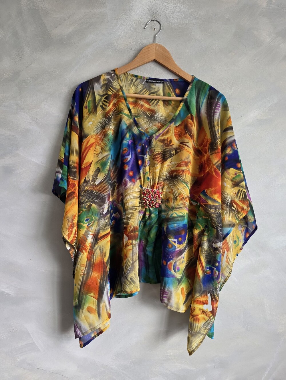 Madison Paige Multi-Color Batwing Kaftan Top Beaded Accent L